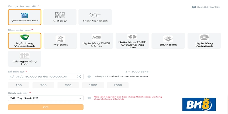 Chọn phương thức BK8 nạp tiền qua mã QR
