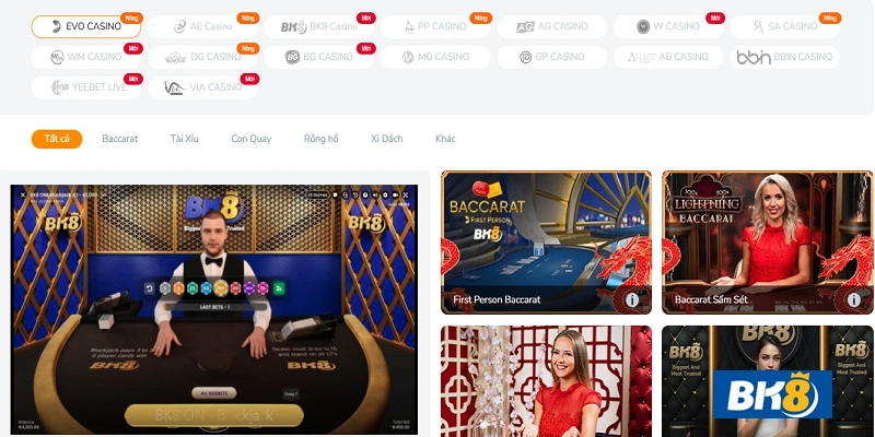 Sảnh casino BK8 với giao diện dễ sử dụng