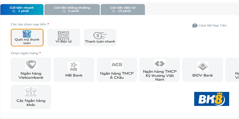 Hướng dẫn nạp tiền vào sảnh cược BK8 game bài